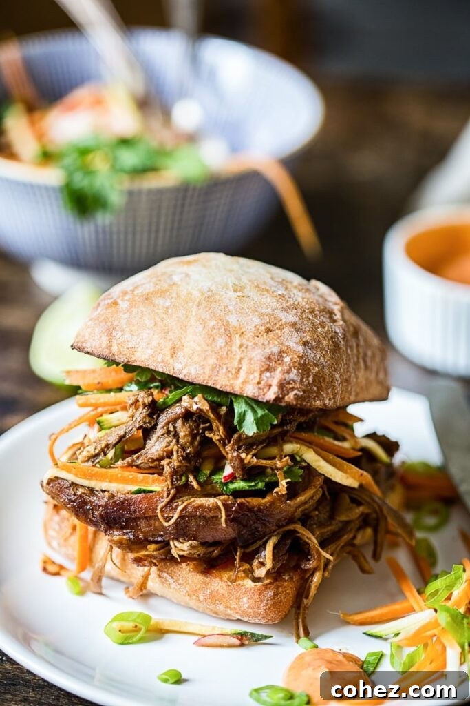 Asian pulled pork buns with carrot, zucchini and radish slaw on a plate