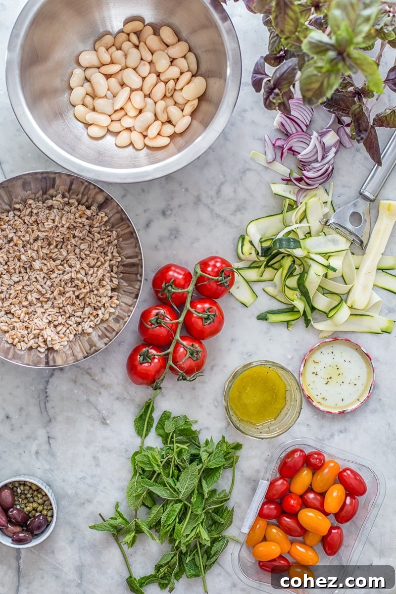 Herby Farro Salad with Olives, Cherry Tomatoes and Zucchini Ribbons