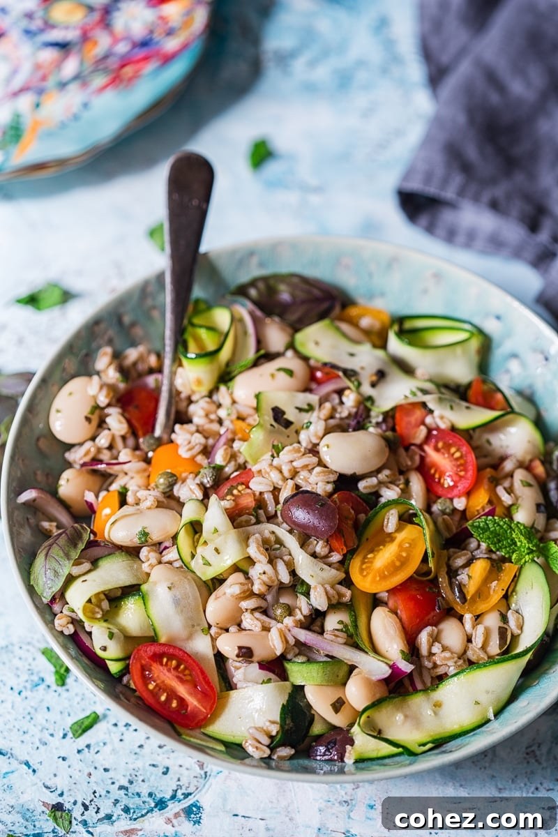 Herby Farro Salad with Olives, Cherry Tomatoes and Zucchini Ribbons