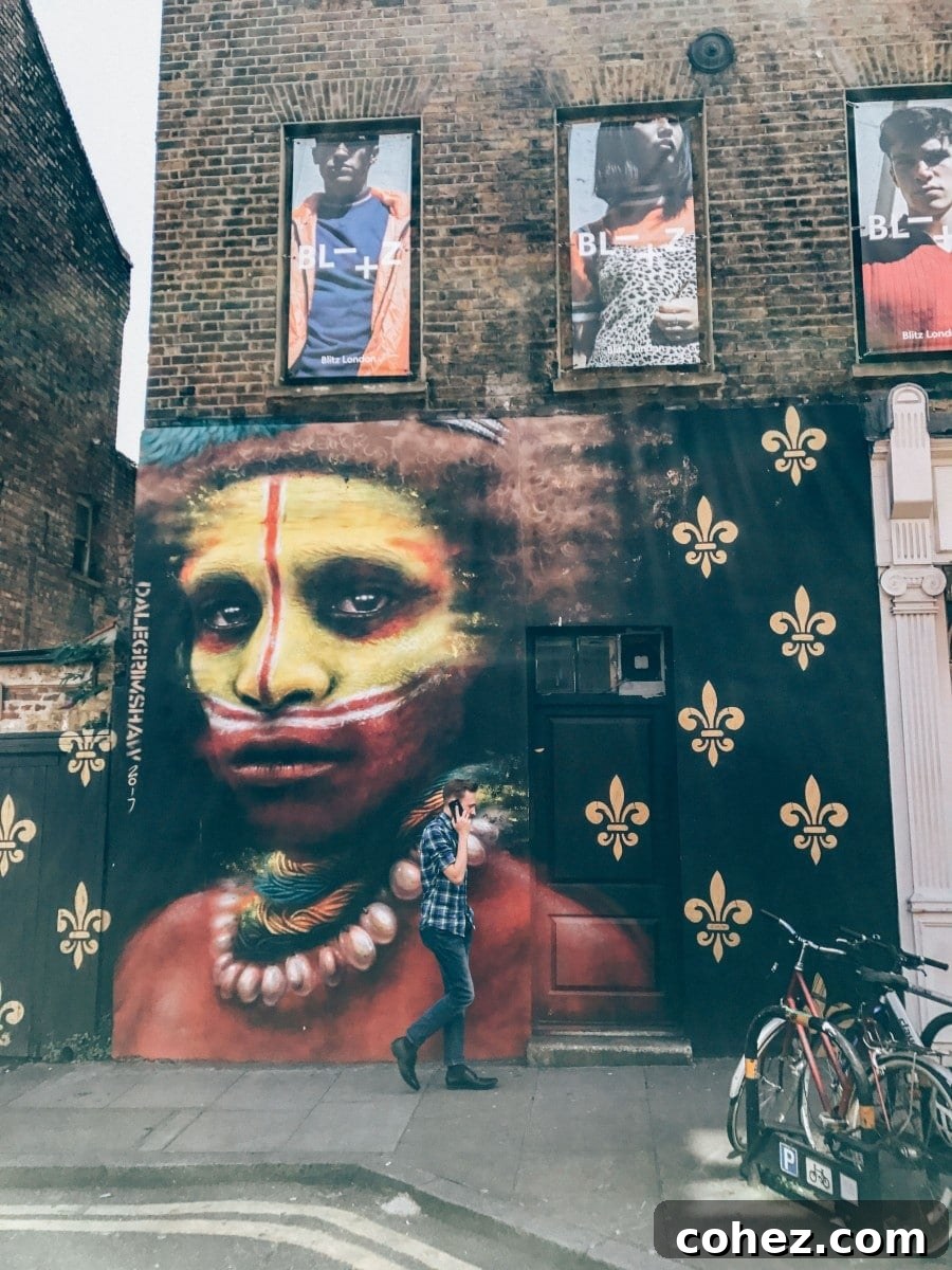 Unveiling Shoreditch's Urban Canvas 2 Vibrant Shoreditch street art mural on a building wall, showcasing intricate details and bright colours