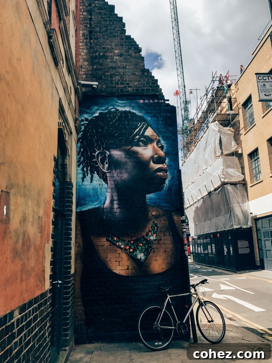 Unveiling Shoreditch's Urban Canvas 4 Detailed Shoreditch mural depicting a person's face with striking, vibrant colours and expressive lines