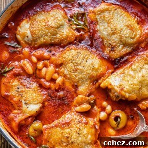 Top down view of chicken stew in a pan