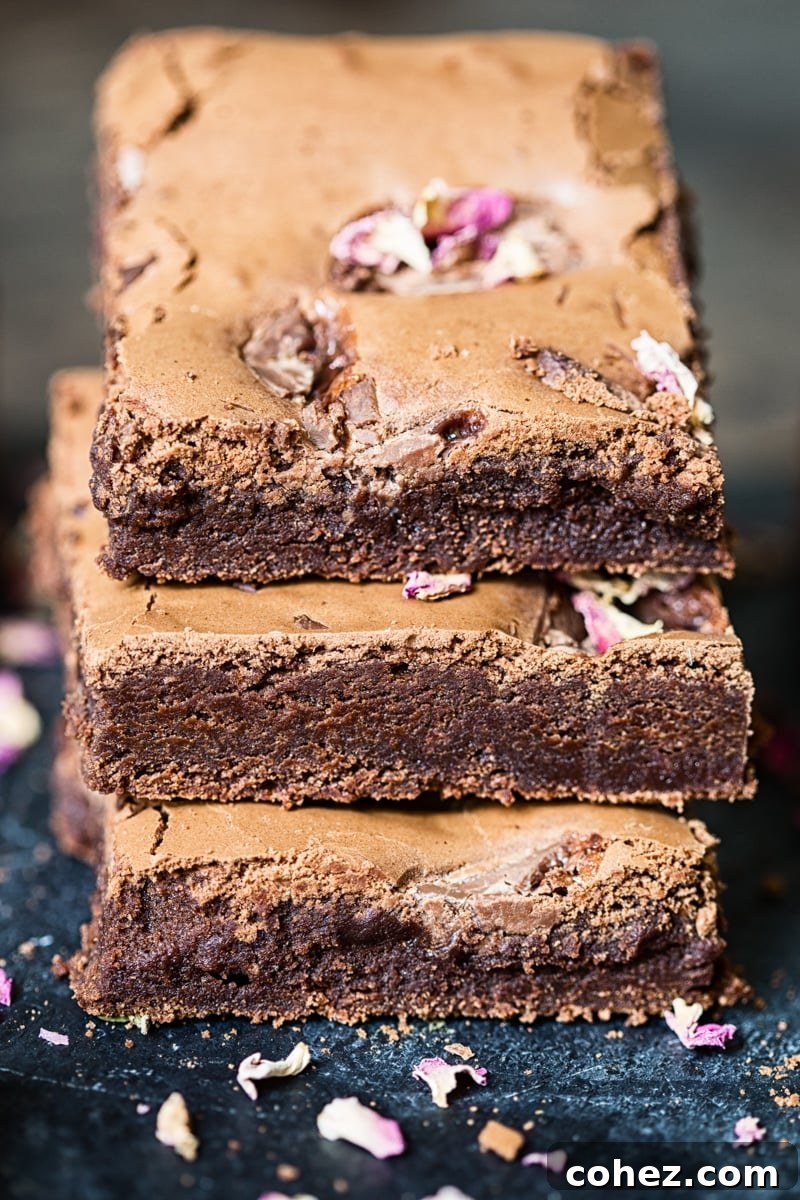 Rosewater Infused Chocolate Brownies 4 A stack of three decadent Turkish delight brownies, perfectly cut and ready to be savored
