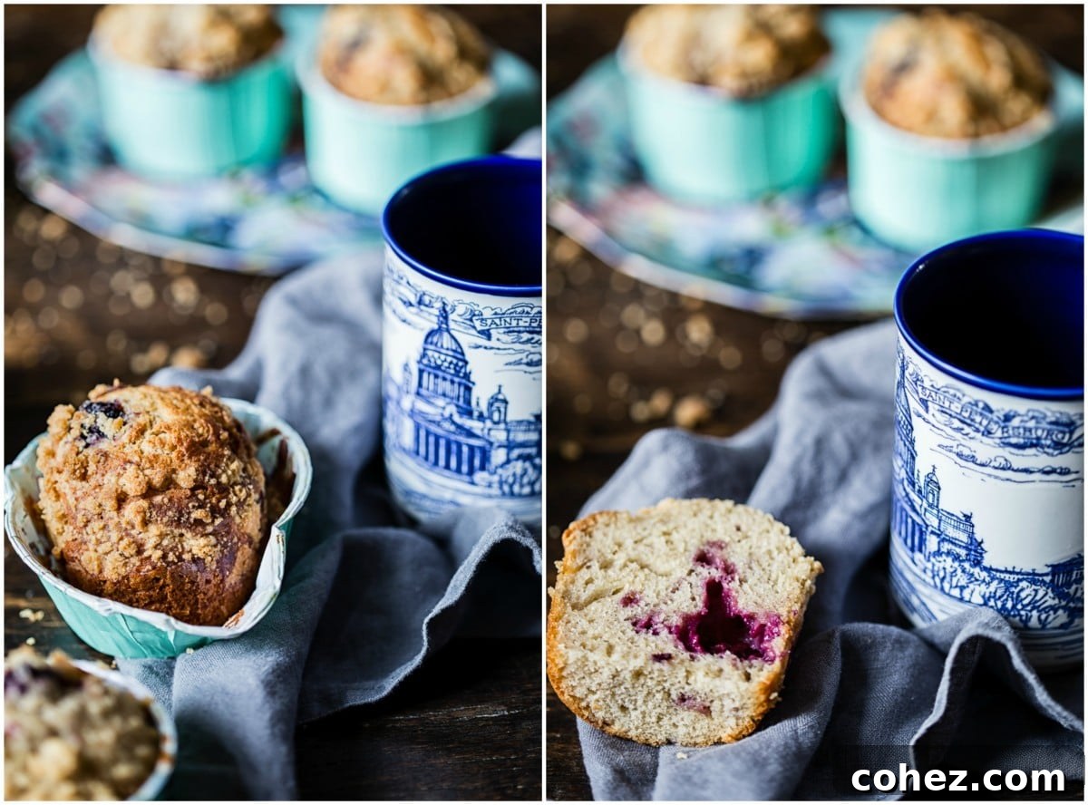 Signature Blackberry Muffins 3 A charming collage featuring a freshly baked blackberry muffin next to a warm mug, capturing the cozy essence of breakfast or brunch.