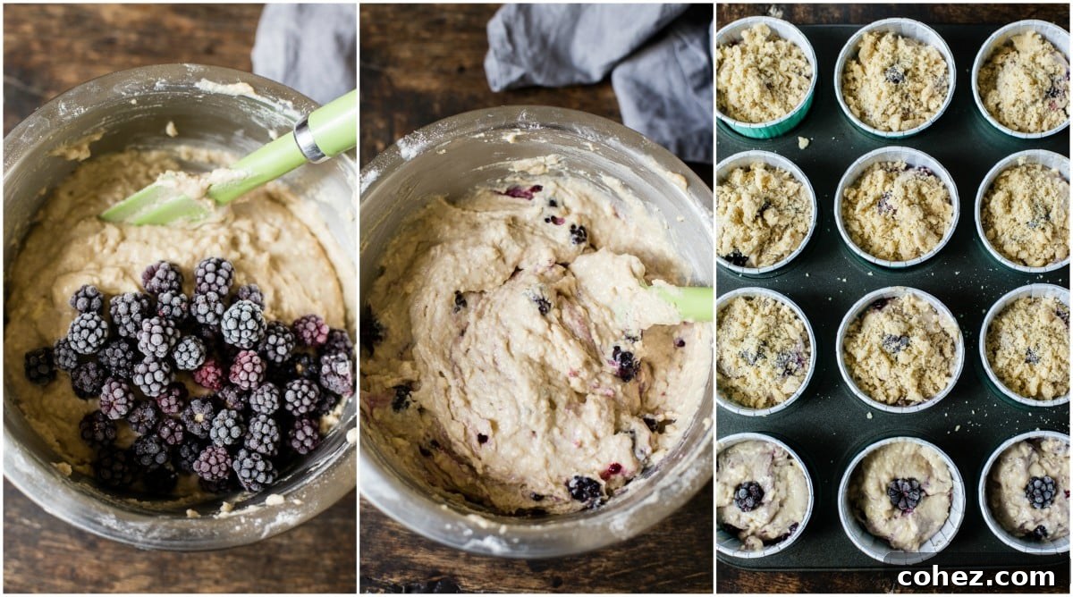Signature Blackberry Muffins 4 A step-by-step collage showing the process of baking blackberry muffins, from mixing ingredients to placing them in the muffin tin.