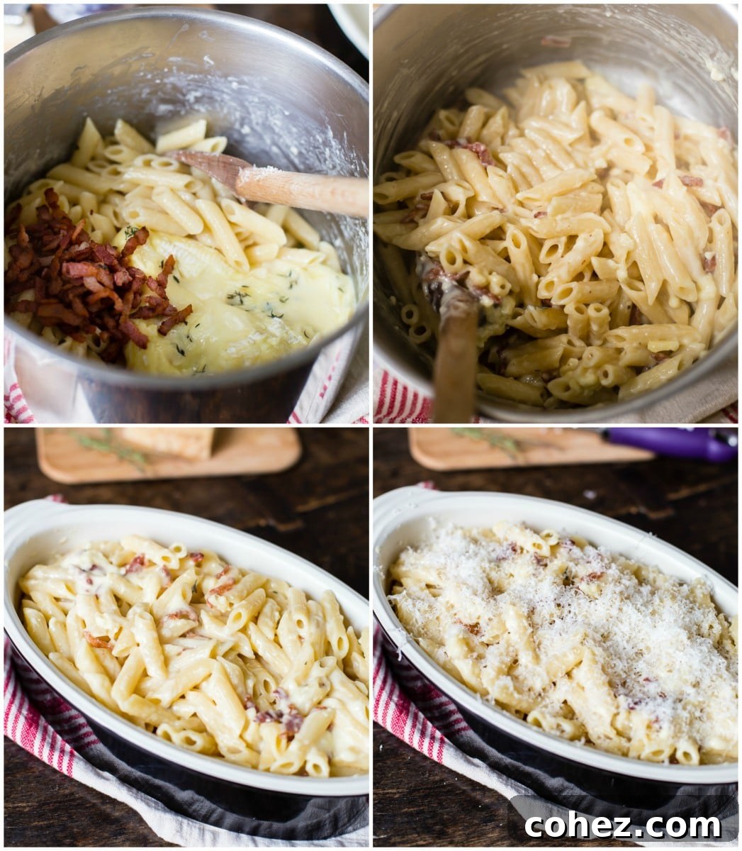 Process shots showing how to prepare Brie and Bacon Macaroni and Cheese, including melting Brie, cooking pasta, frying bacon, and mixing ingredients.