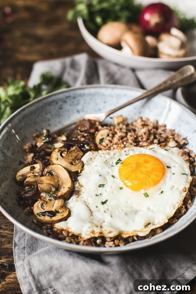 Savoury Buckwheat Breakfast Bowl with Mushrooms and Fried Egg
