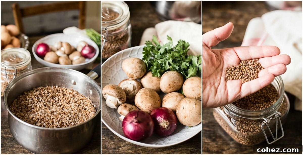 Collage showing various forms of savoury buckwheat breakfast bowl ingredients and preparation.
