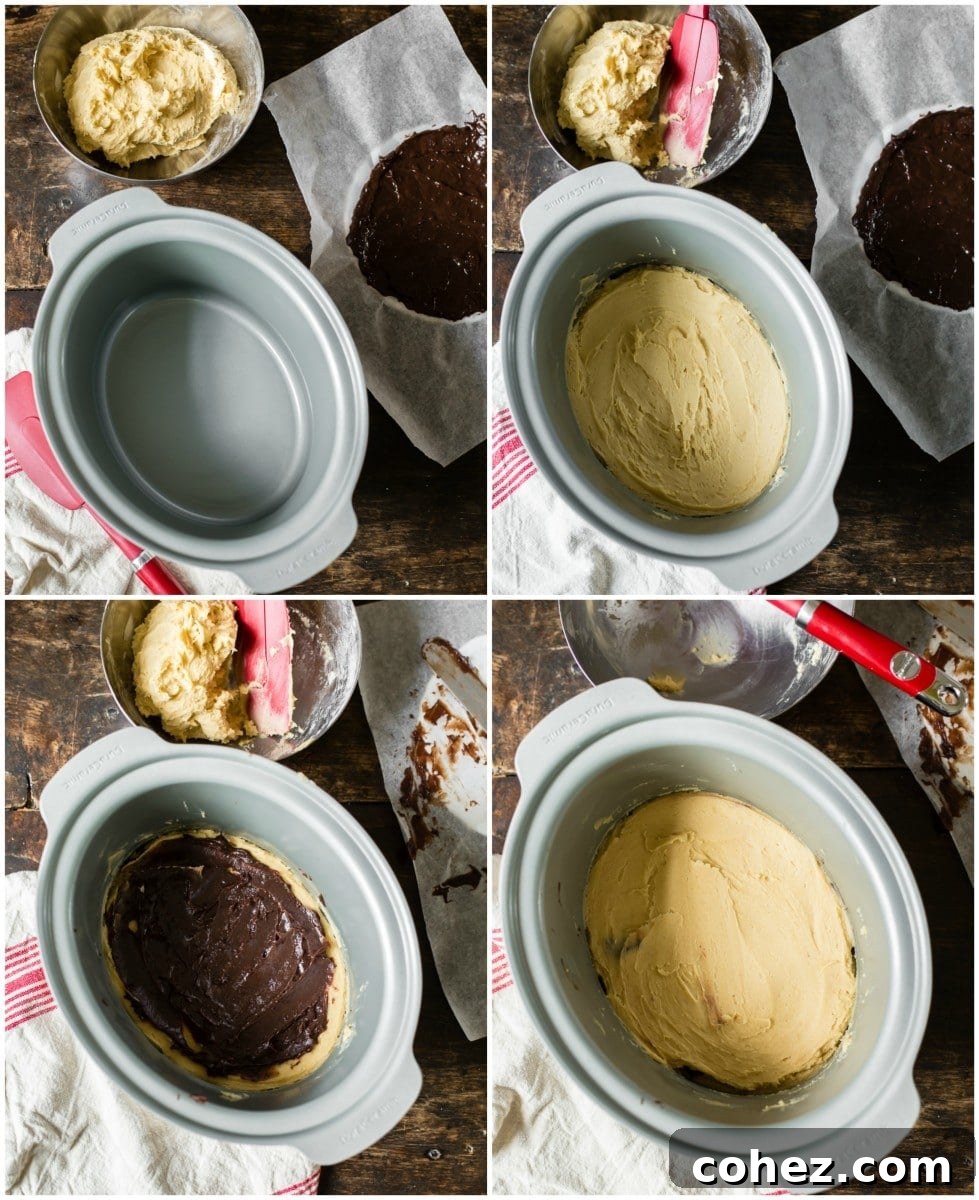 Collage of process shots showing the making of slow cooker chocolate butterscotch stuffed cookie mixture, illustrating key steps.