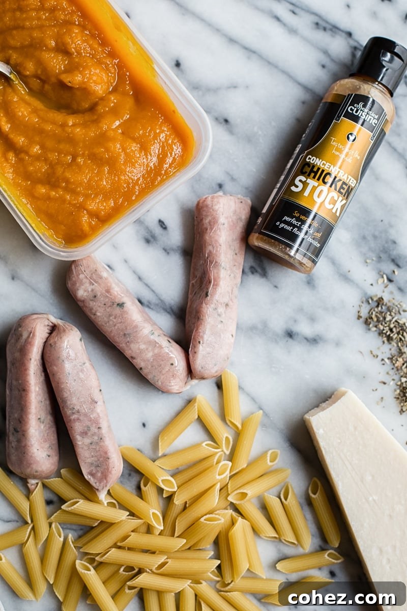 Overhead view of various ingredients for pumpkin pasta including penne, pumpkin puree, sausage, and sage