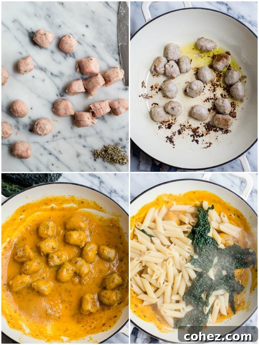 Process collage showing sausage meatballs frying in a pan and then mixed with pasta and pumpkin sauce