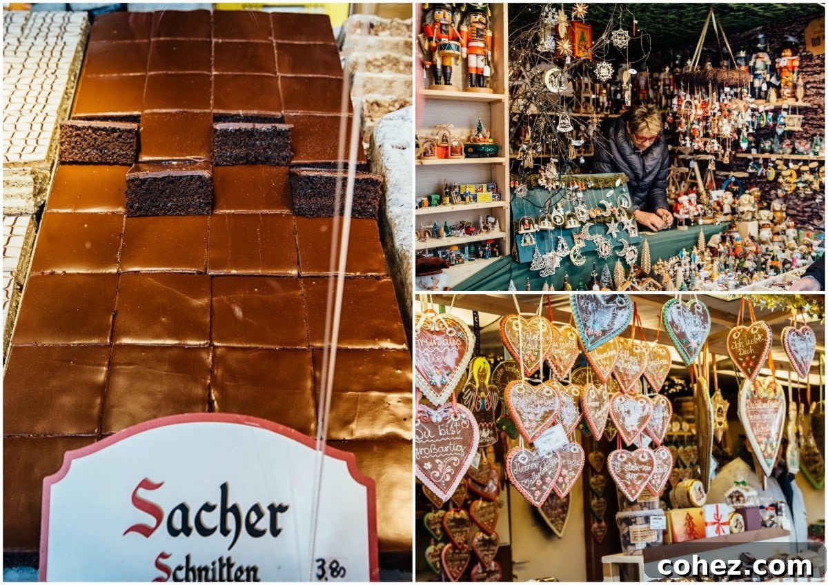 Sacher torte and various handcrafted items displayed at a bustling Christmas market stall in Vienna