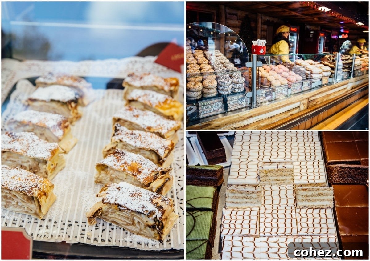 Delicious apple strudel and other traditional cakes displayed at a Vienna market stall