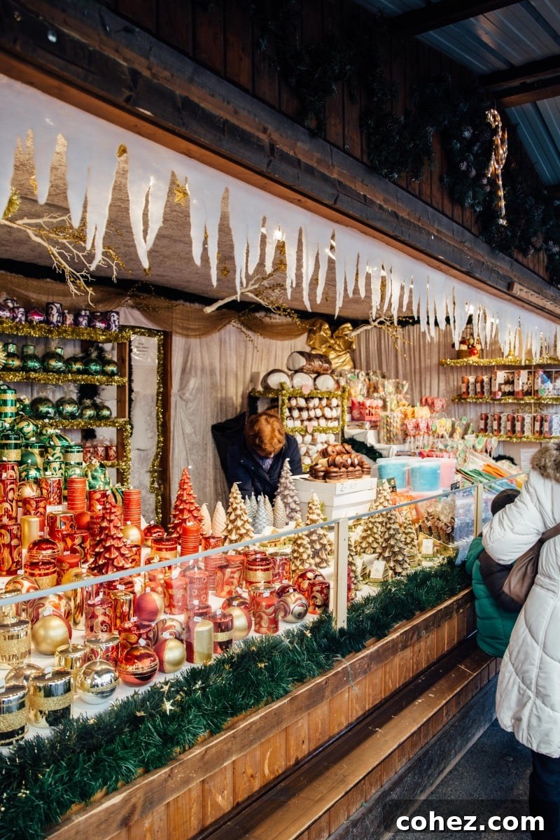 A festive Christmas market stall adorned with handcrafted goods and decorations in Vienna