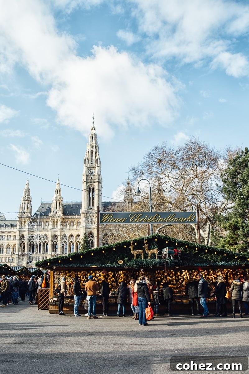 Magical glowing Christmas decorations hanging above a festive market stall in Vienna