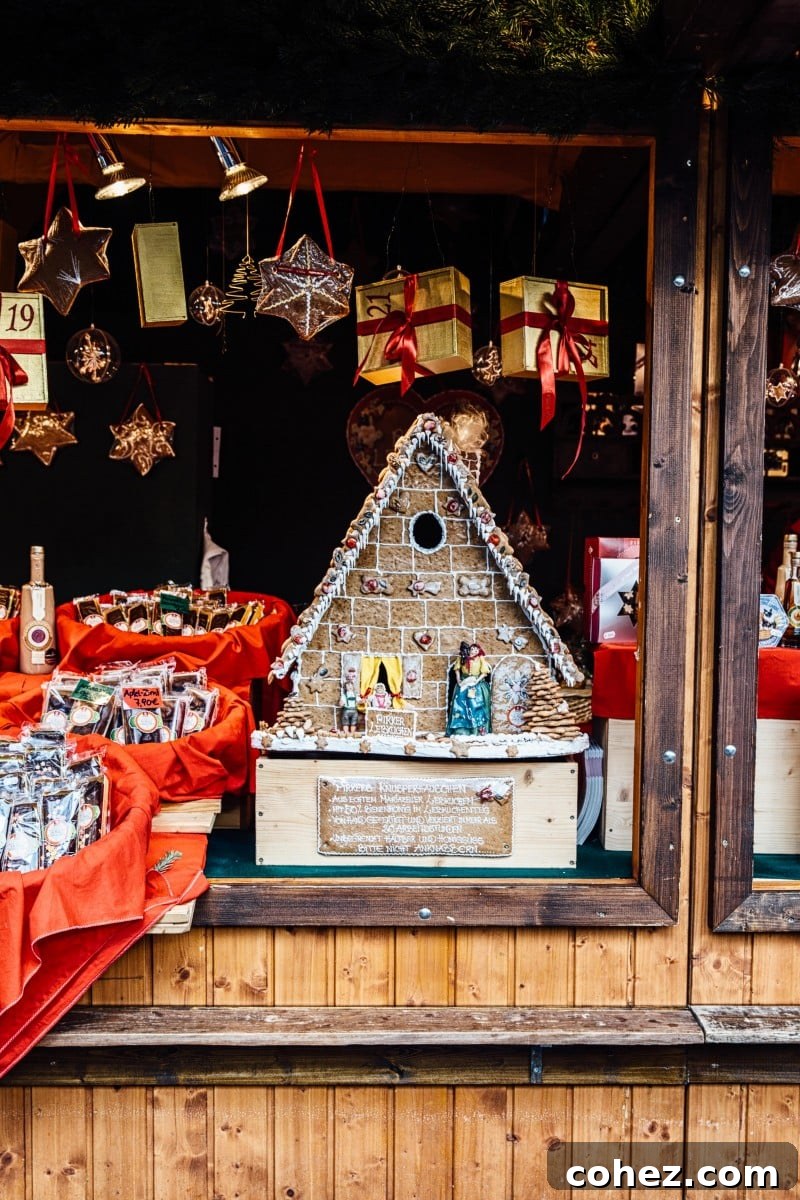 Intricately decorated gingerbread houses and festive treats at a Vienna Christmas Market stall