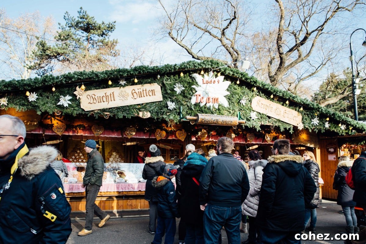 A festive Christmas market stall illuminated with warm lights, selling traditional goods