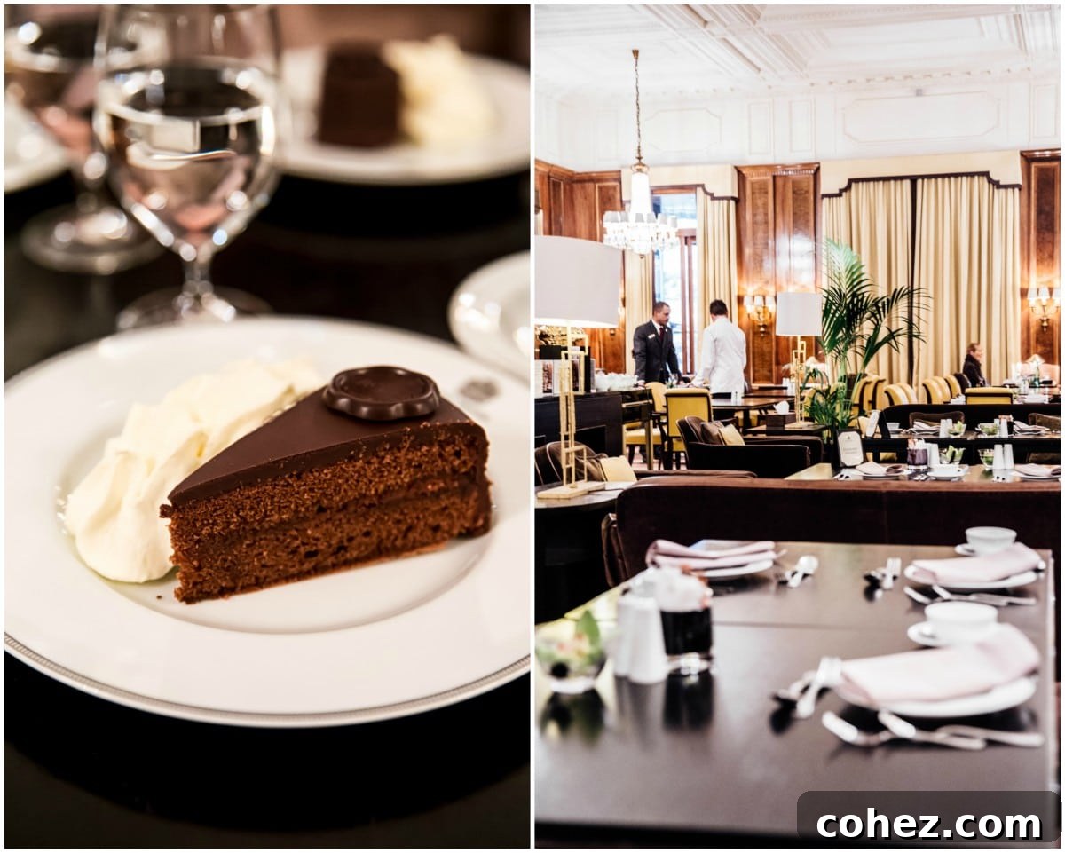 Delicious Sacher Torte served alongside coffee at the elegant Bristol Hotel restaurant