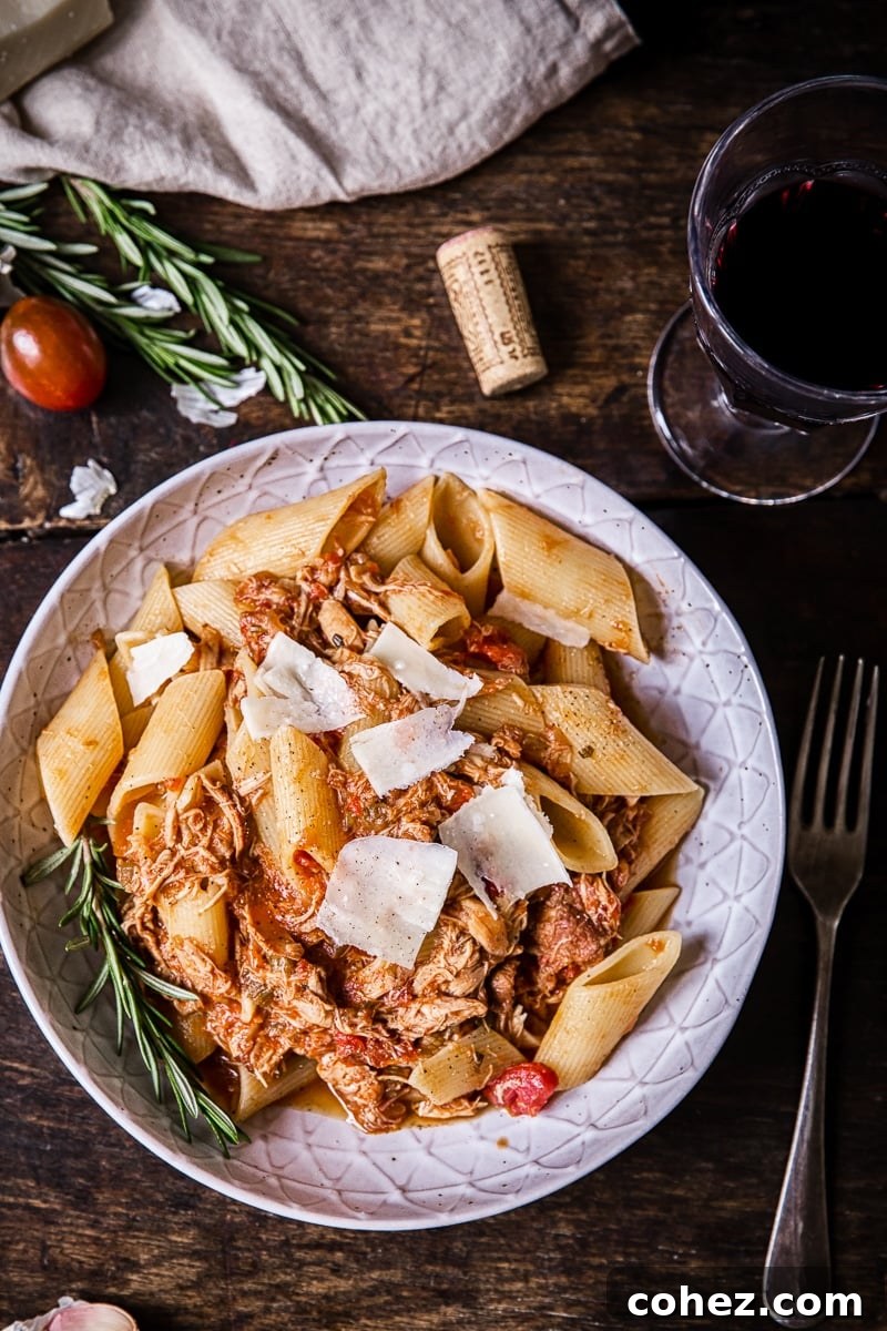Top down view of the Venetian chicken ragu pata with a glass of wine and a fork