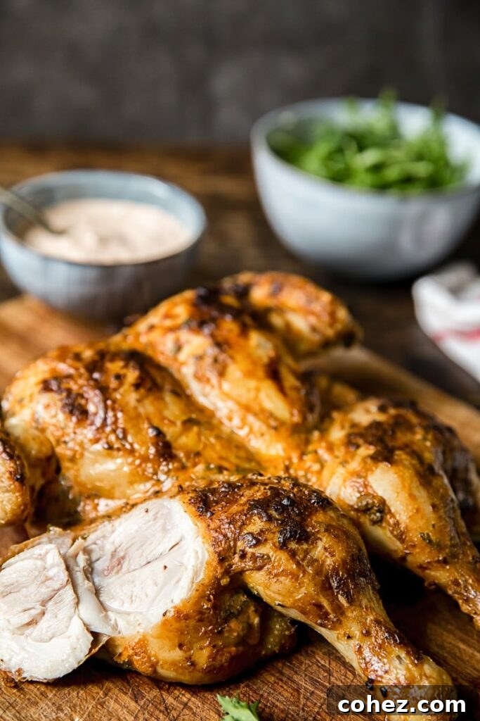 A beautifully oven-roasted spatchcock chicken in a spicy yogurt sauce, with a piece partially carved, showcasing its crispy skin and tender meat.