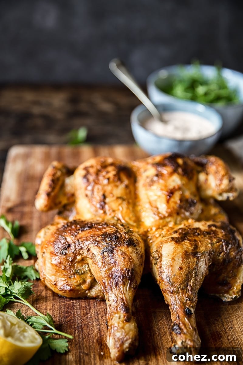 A perfectly cooked spatchcock chicken in spicy yogurt sauce, presented on a rustic wooden cutting board, garnished with fresh herbs.