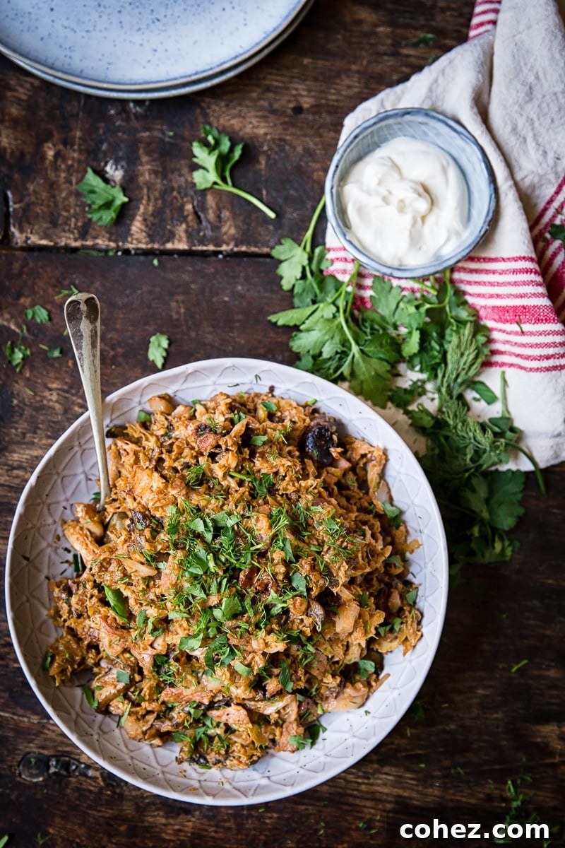 A close-up, top-down view of a creamy bowl of braised cabbage, generously topped with a dollop of sour cream and fresh herbs, ready to be enjoyed.