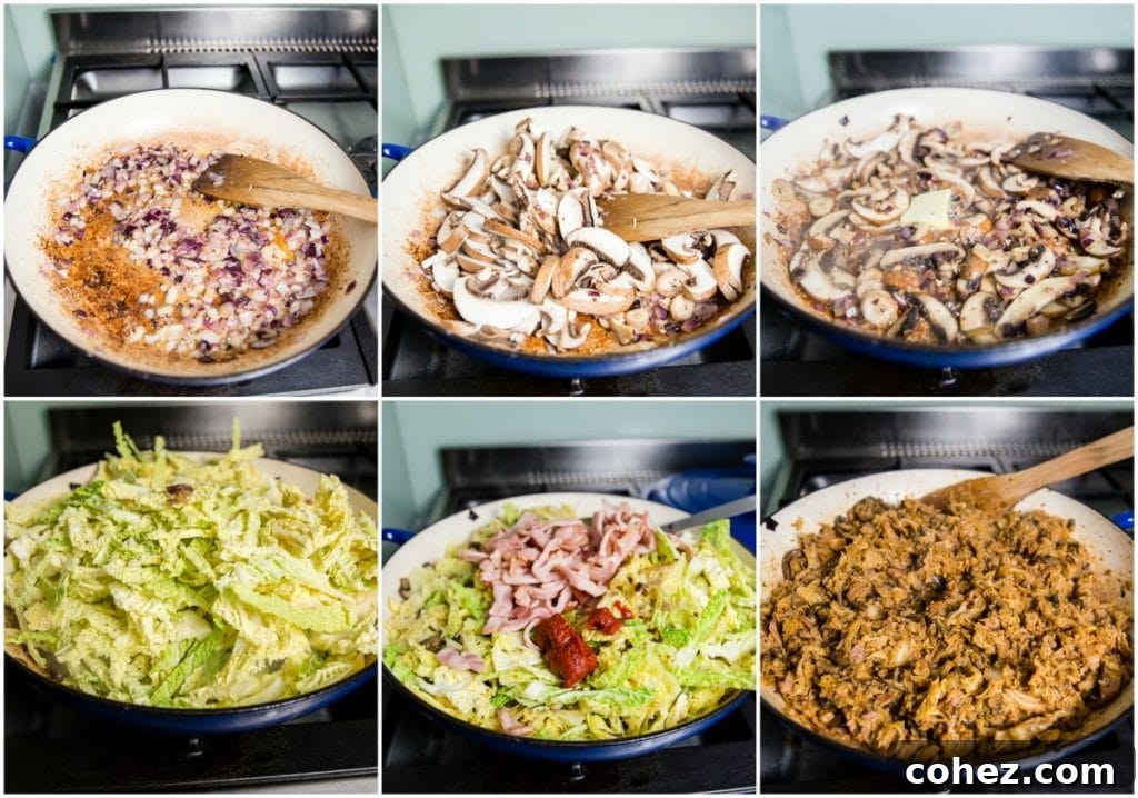 A visual collage showing the step-by-step process of preparing the braised savoy cabbage, from raw ingredients to the golden-brown finished dish.