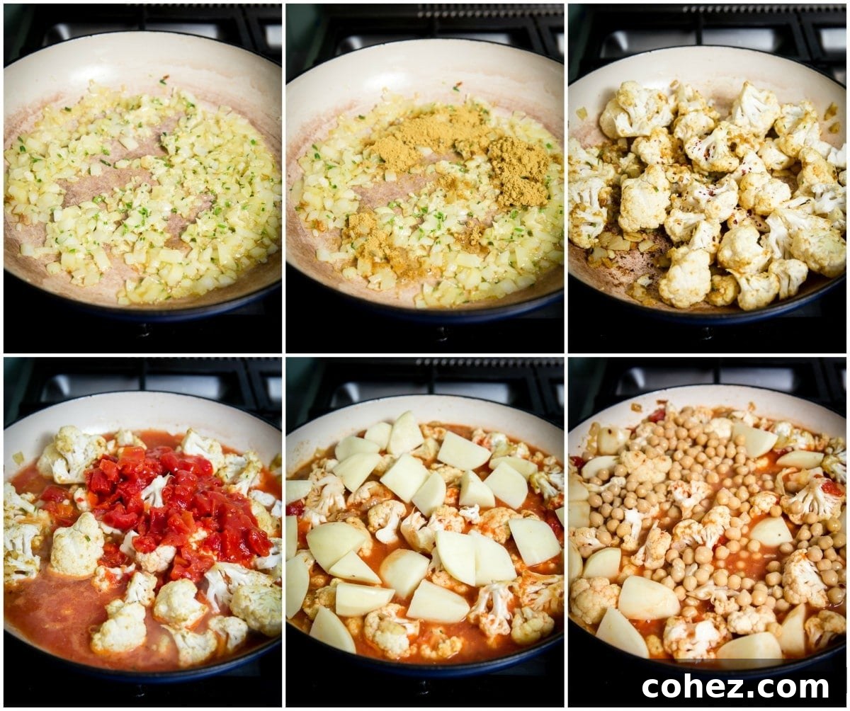 Simple Aloo Gobi Cauliflower Potato Curry 4 six process shots showing how to make the curry