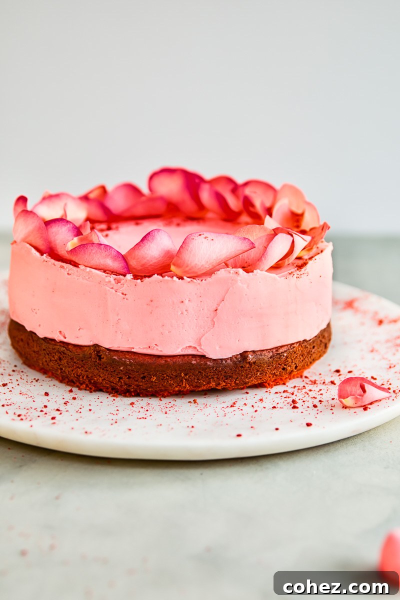 Red Velvet Truffle Cake topped with a layer of white chocolate truffle, creating a beautiful contrast.