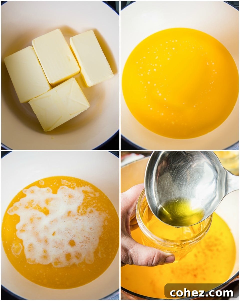 A collage showing the steps of making clarified butter, from solid butter to golden liquid in jars.