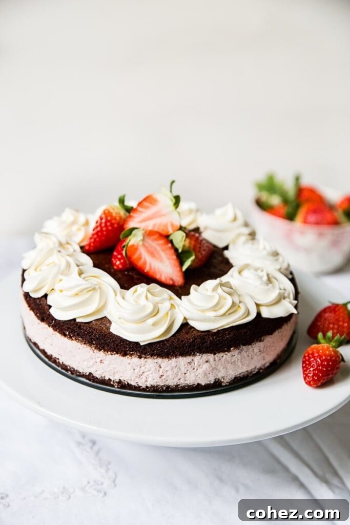 Chocolate Strawberry Mousse Cake on a cake stand, ready to be served.
