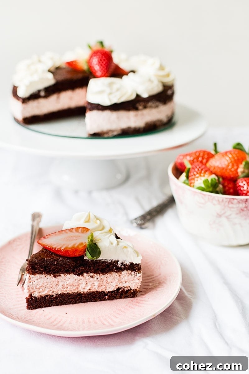A perfectly cut slice of Chocolate Strawberry Mousse Cake on a plate, garnished with fresh strawberries.