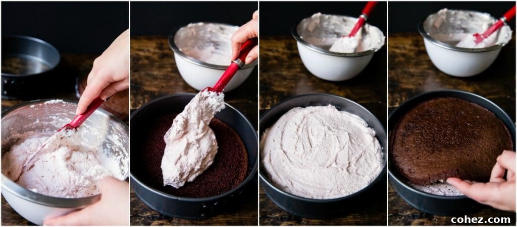 Process shots showing the creation of chocolate cake layers and strawberry mousse.