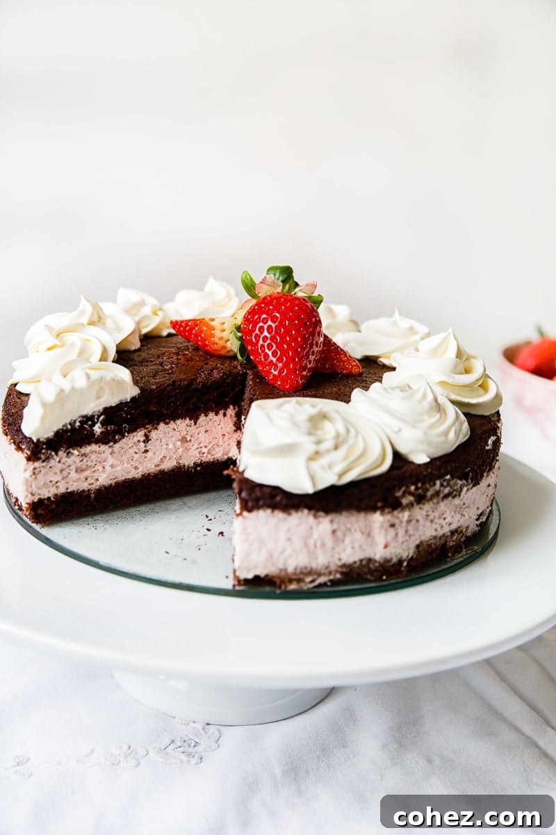 Whole chocolate strawberry cake on a stand with a slice removed, showing the layers.