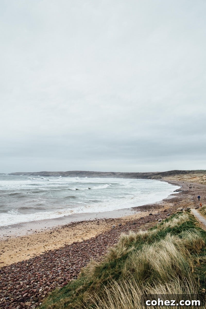 Sweeping view of Freshwater West beach from the East, a haven for surfers and walkers