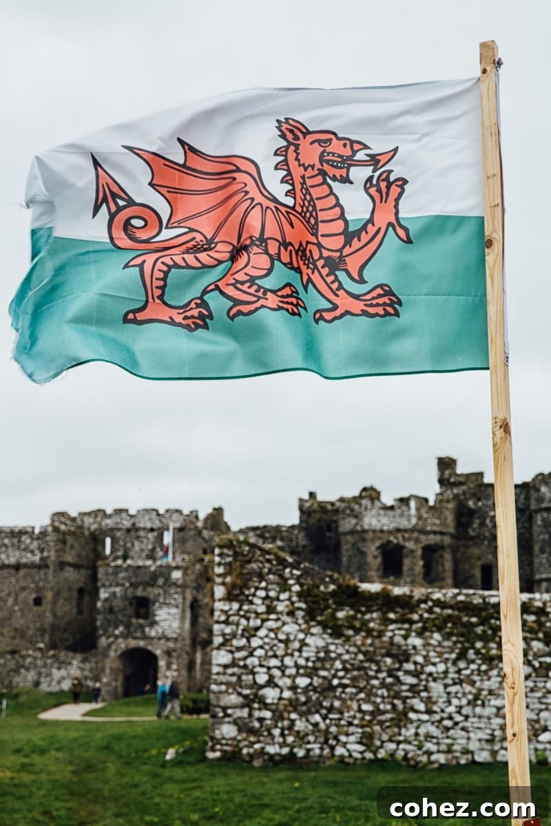 Welsh flag proudly flying in front of Carew Castle, symbolizing national heritage