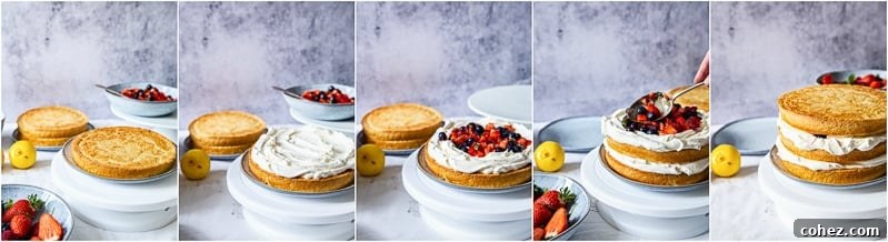 Collage of Elderflower Lemon and Summer Berry Cake ingredients and steps