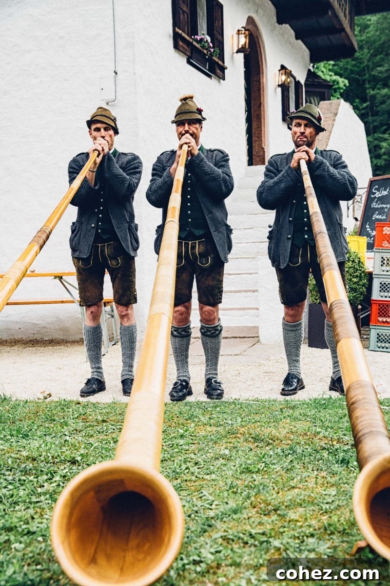 Salzburg's Brews and Baroque Wonders 12 Three alphorn players, dressed in authentic lederhosen, performing together at the lively Lederhosendonnerstag event in Salzburg.