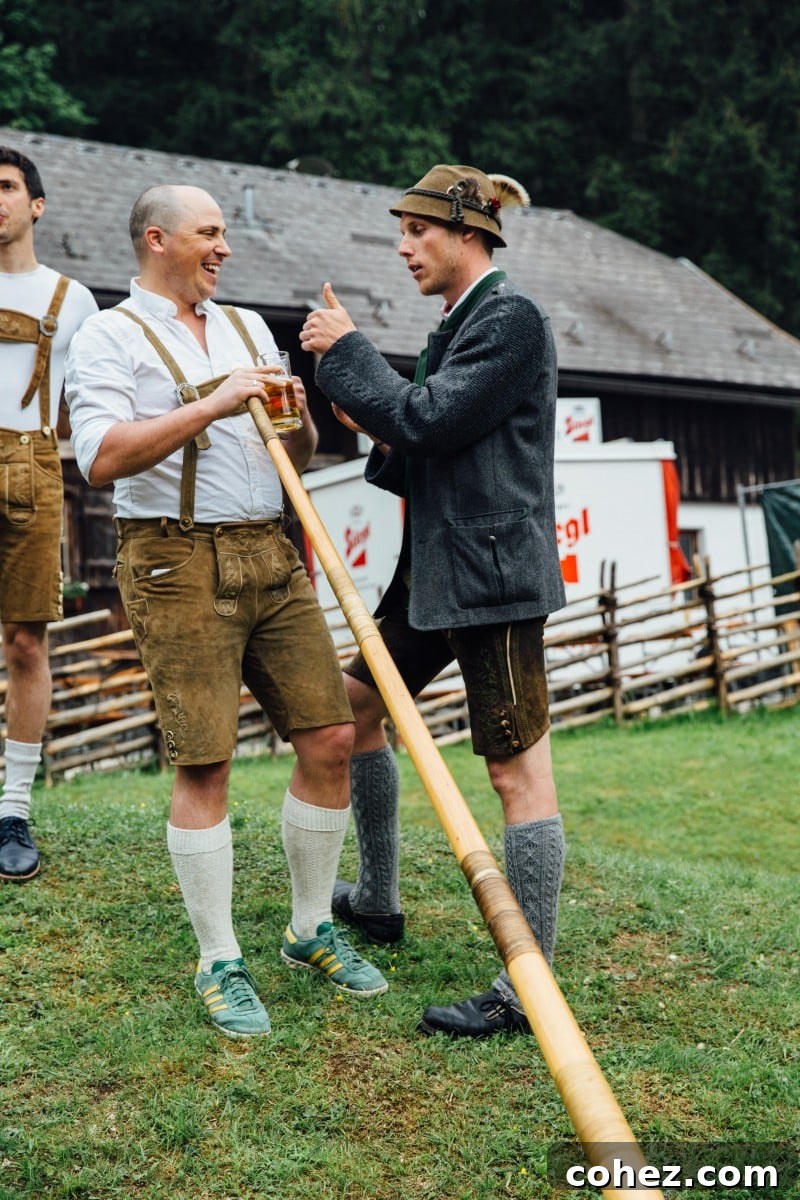 Salzburg's Brews and Baroque Wonders 9 Brad, the author, enthusiastically learning to play the alphorn with the jovial assistance of an Austrian local dressed in traditional lederhosen.