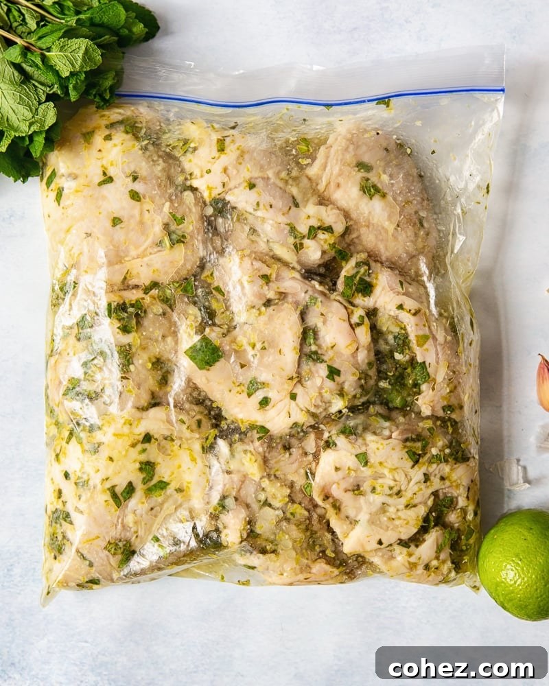 Plastic bag of chicken thighs marinating in a green mojito mixture