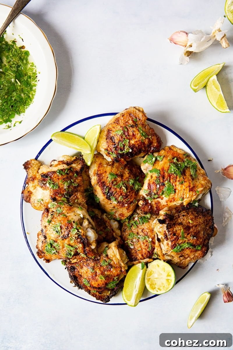 Top down of a plate of mojito grilled chicken thighs