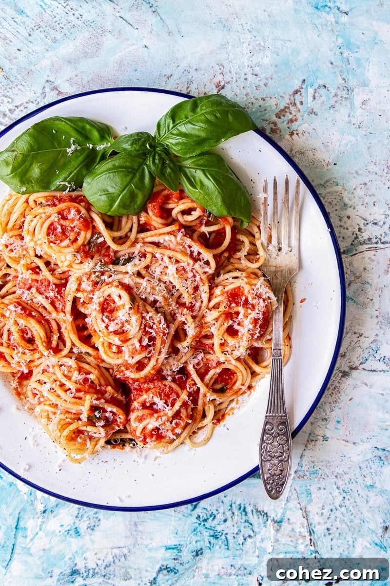 A plate of spaghetti generously coated in rich homemade tomato and basil sauce, garnished with a fresh basil leaf