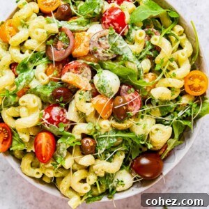 To down view of green goddess pasta salad