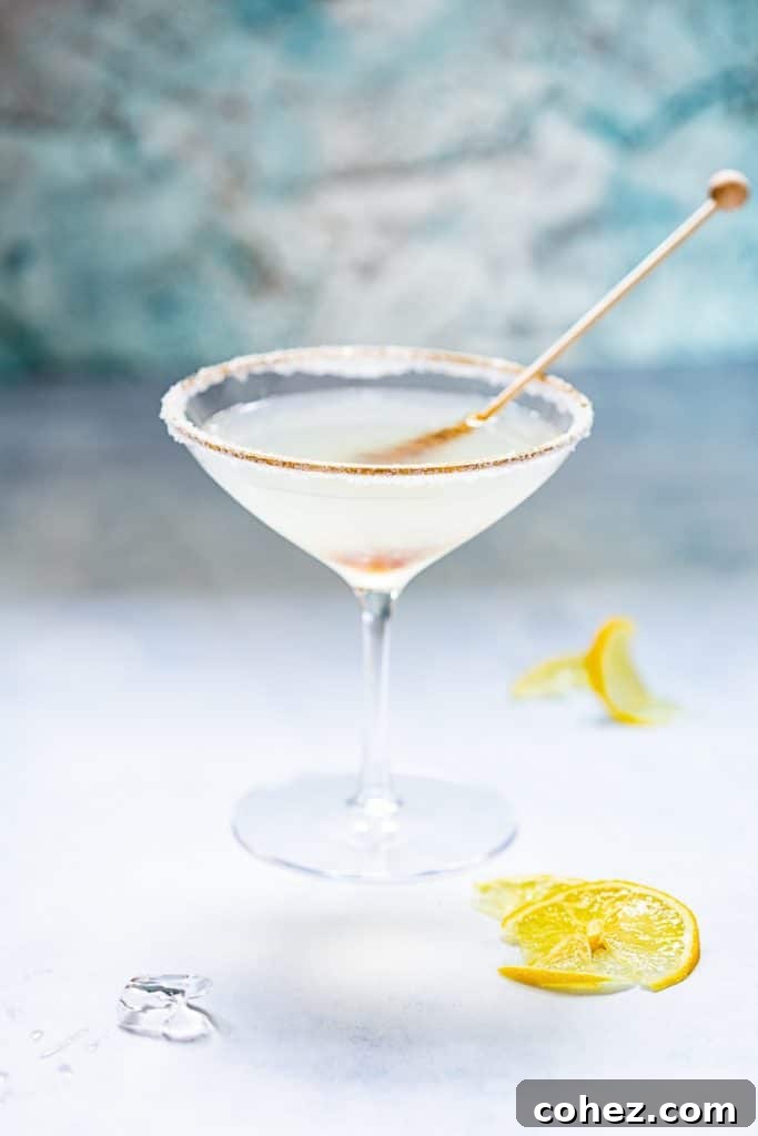 Side shot of stir stick dipped in Lemon Drop Martini