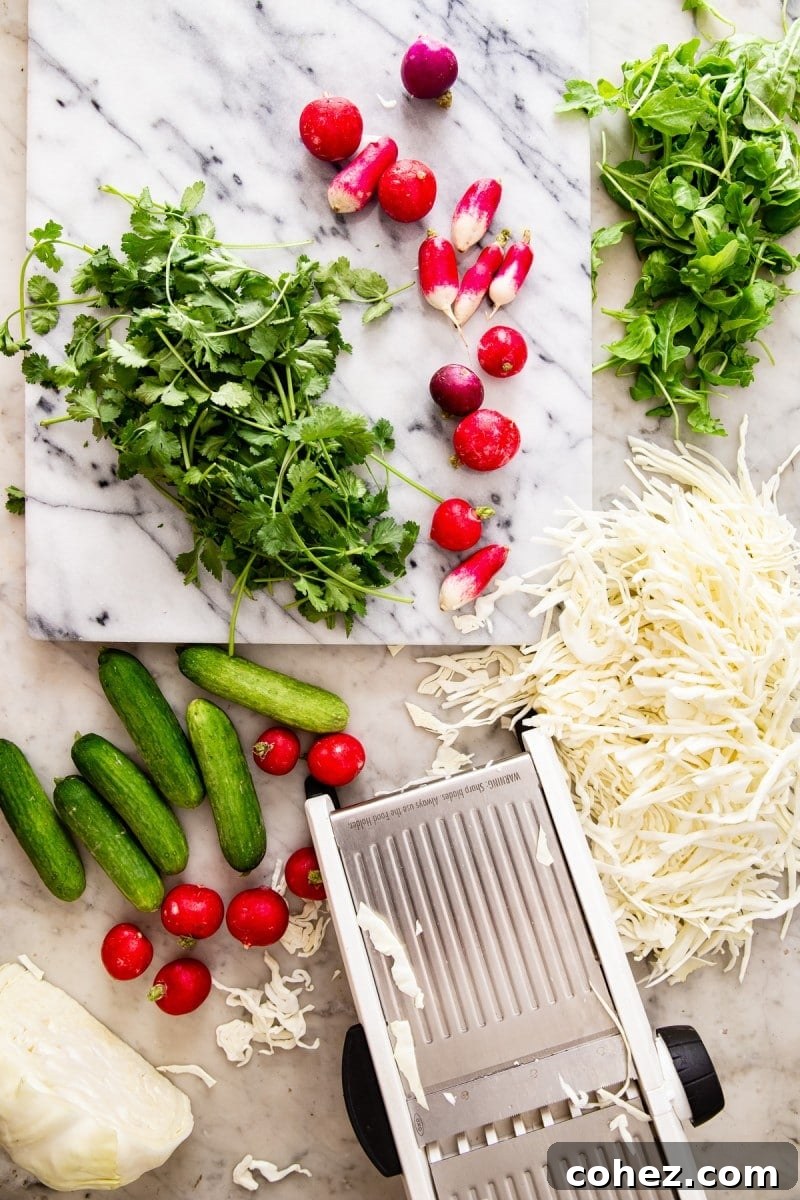 Top down of ingredients with shredded cabbage