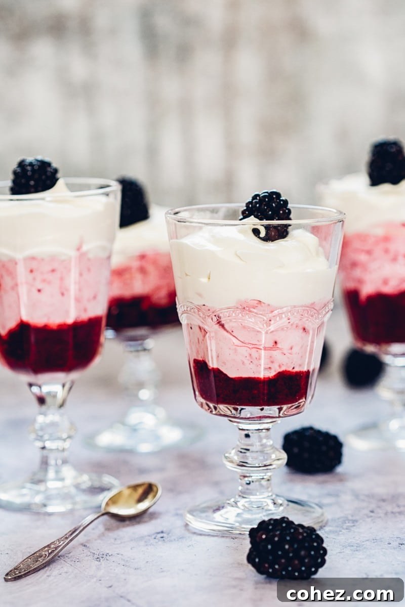 Close-up of a layered Blackberry Fool in a glass, showing distinct layers of purple crushed blackberries and white whipped cream.