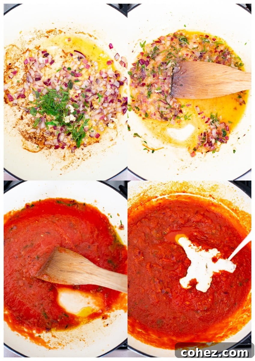 A collage of process images showing the preparation of vodka sauce