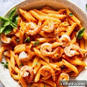 bowl of shrimp penne alla vodka from the top down