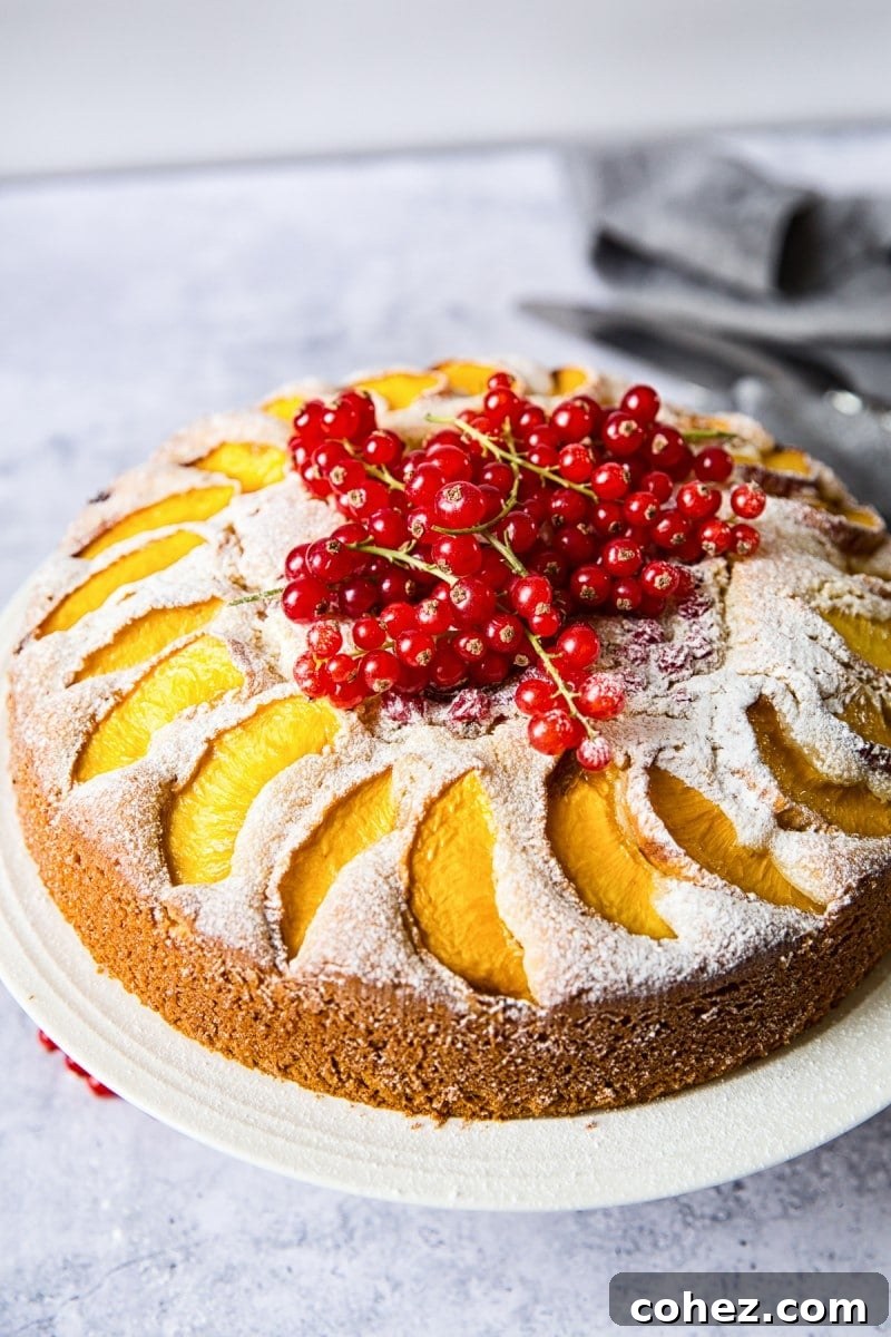 Golden Peach and Red Berry Summer Cake 3 Top-down view of the summer peach cake with a rustic, homemade charm
