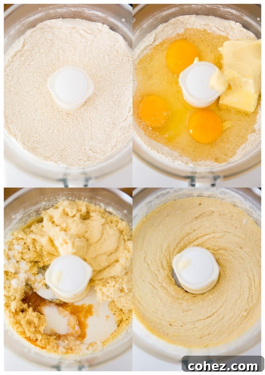 Golden Peach and Red Berry Summer Cake 5 Process shots demonstrating how to mix the cake batter in a food processor